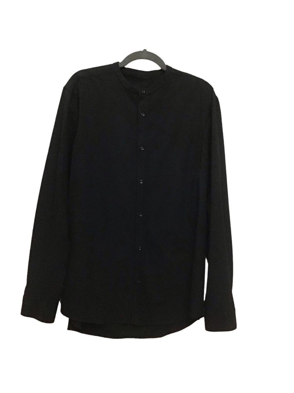 THE Melange black men’s long sleeves button down shirt mandarin collar L…